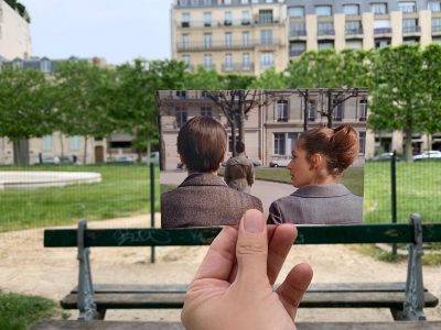 Le banc de l'avenue de Breteuil à Paris où s'assoient Jean-Pierre Léaud et Claude Jade à la fin de Baisers volés de Truffaut / © Le Superposeur