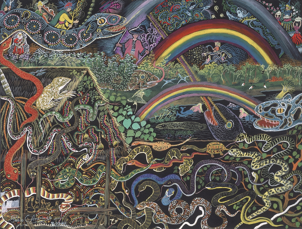 "Vision of the Snakes", oeuvre de l'artiste péruvien Pablo Amaringo exposée au musée du Quai-Branly dans le cadre de « Visions chamaniques, arts de l'ayahuasca en Amazonie péruvienne » / Courtesy de l'artiste - photo Luis Eduardo Luna